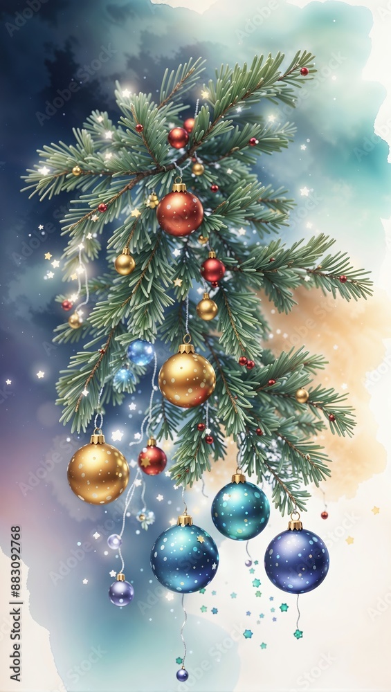 A Christmas branch adorned with golden and blue baubles A Christmas branch adorned with golden and blue baubles