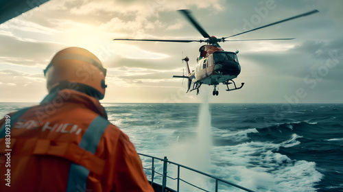 Coast Guard rescuer lands helicopter on ship at sea for daring rescue. Concept Coast Guard, Helicopter, Rescue Mission, Ship at Sea, Daring Rescue