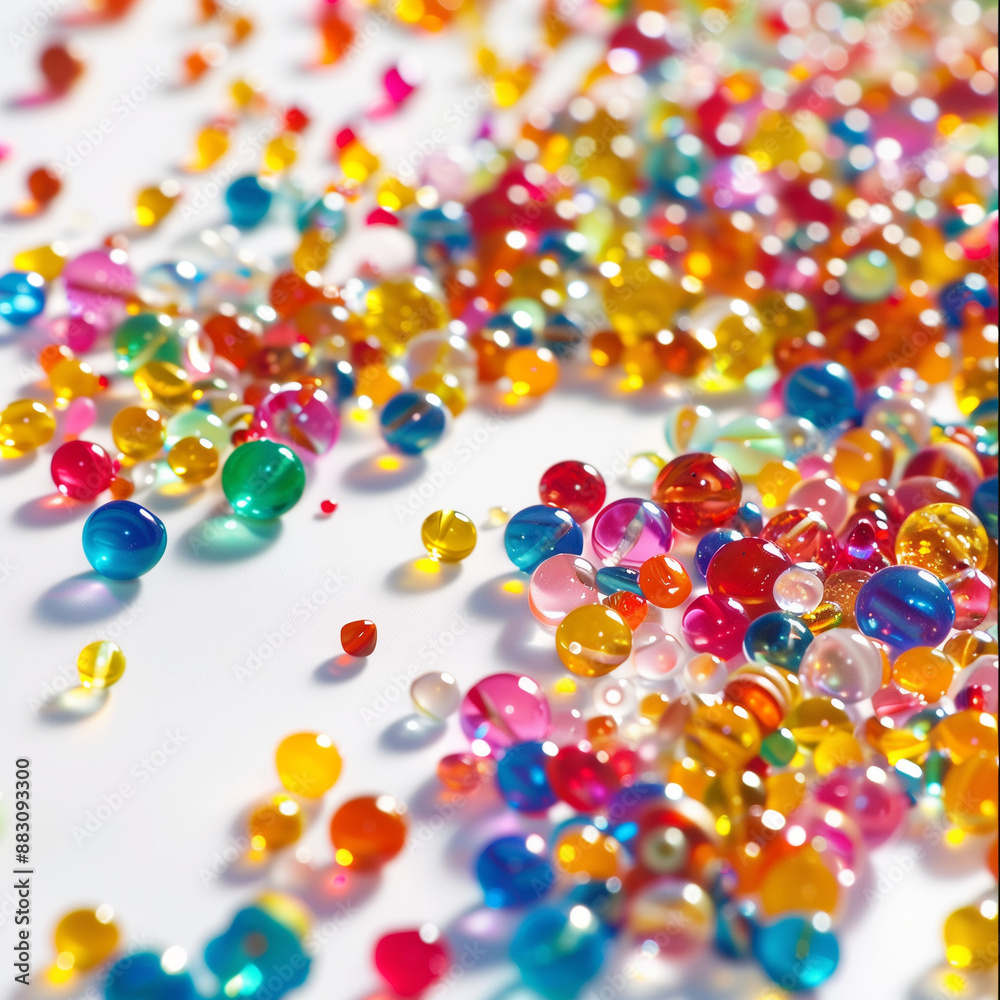 Close-up of colorful beads scattered on a white surface Close-up of colorful beads scattered on a white surface