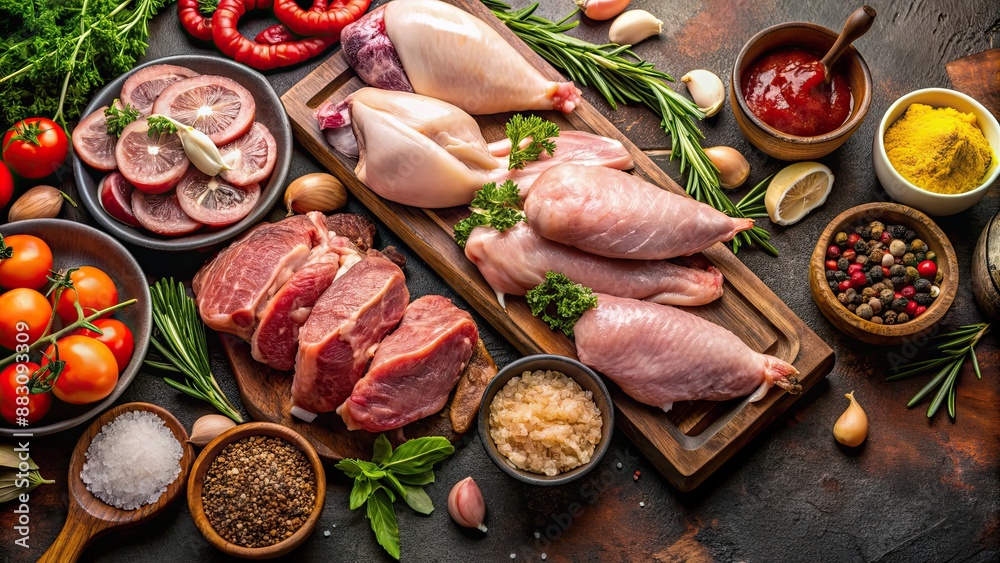 Assortment of fresh meats and poultry ready for cooking, barbecue, beef, butcher, chicken, cook, cuts, delicious, food, fresh Assortment of fresh meats and poultry ready for cooking, barbecue, beef, butcher, chicken, cook, cuts, delicious, food, fresh