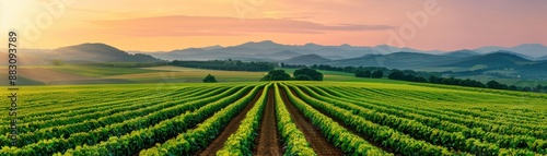 Expansive green fields and crops at sunset with mountains in the background.. © Wedee