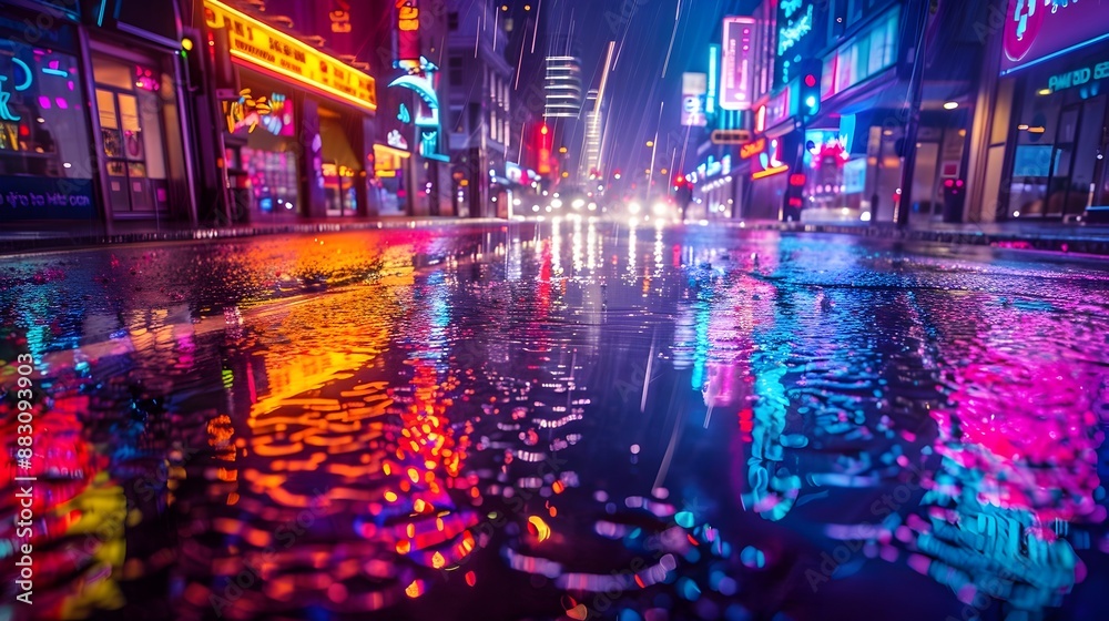 Vibrant Rainy Night Street Scene with Colorful Neon Reflections on Wet Pavement