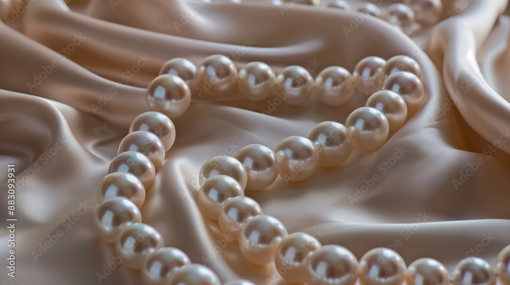 A sophisticated display of pearl jewelry arranged on luxurious beige silk A sophisticated display of pearl jewelry arranged on luxurious beige silk