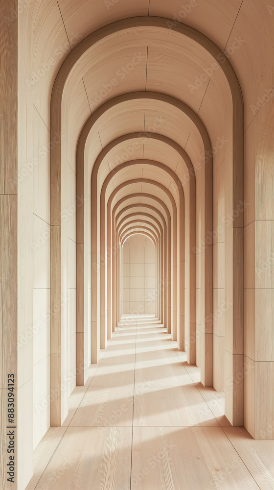 A long, tall corridor made of light beige wood arches with minimal architecture A long, tall corridor made of light beige wood arches with minimal architecture