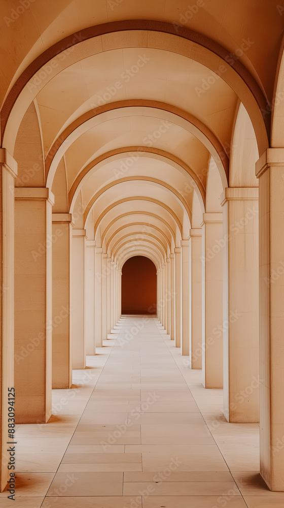 A long, tall corridor made of light beige wood arches with minimal architecture A long, tall corridor made of light beige wood arches with minimal architecture