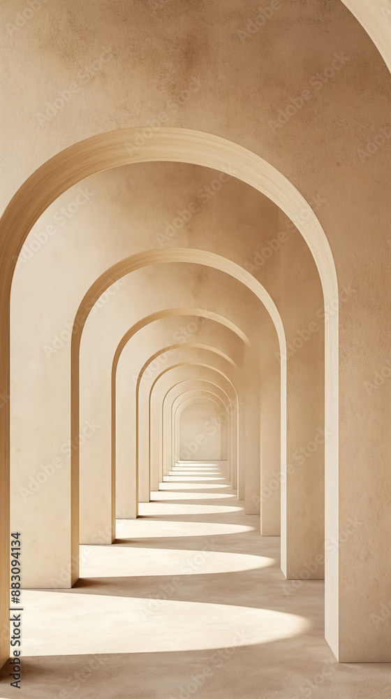 A series of arches, each one smaller than the last, creates an endless tunnel effect in beige tones A series of arches, each one smaller than the last, creates an endless tunnel effect in beige tones