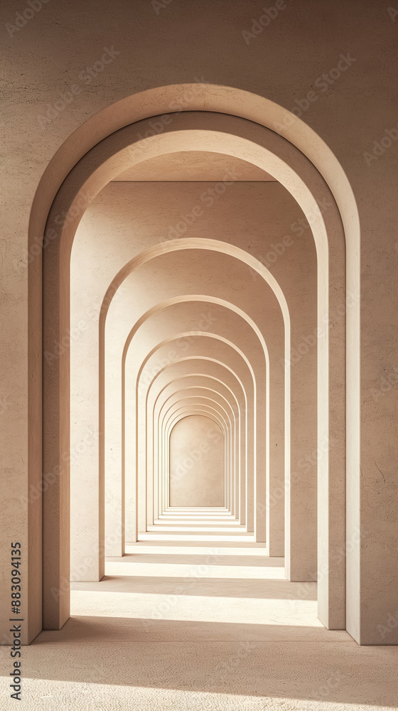 A series of arches, each one smaller than the last, creates an endless tunnel effect in beige tones A series of arches, each one smaller than the last, creates an endless tunnel effect in beige tones