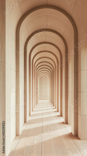 A long, tall corridor made of light beige wood arches with minimal architecture 
