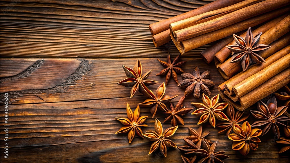 Aromatic spices star anise and cinnamon on a rustic wooden table , spice, flavor, food, ingredient, cooking, culinary Aromatic spices star anise and cinnamon on a rustic wooden table , spice, flavor, food, ingredient, cooking, culinary