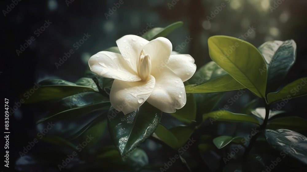 Closeup of a beautiful white magnolia flower with dew on its petals and green leaves in the background Closeup of a beautiful white magnolia flower with dew on its petals and green leaves in the background