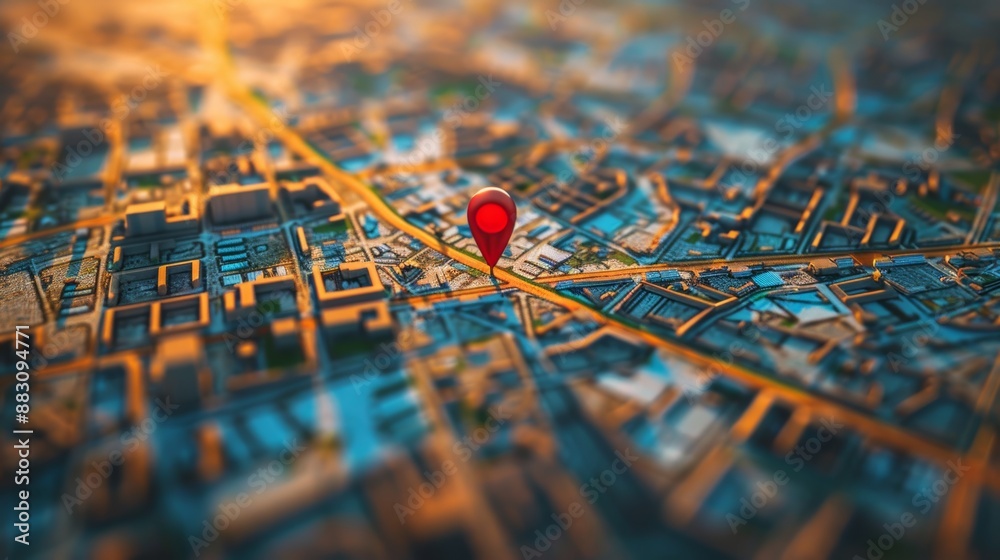 Navigate with folded maps, find your destination marked with a red pin on a building in a bustling city with streets and roads. Navigate with folded maps, find your destination marked with a red pin on a building in a bustling city with streets and roads.