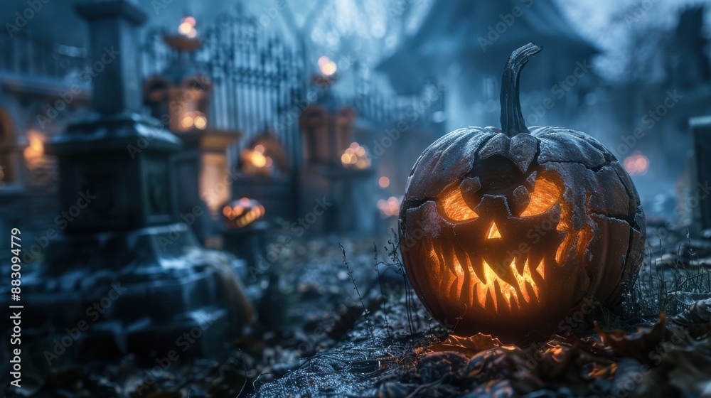 Fototapeta premium Creepy Jack-o'-Lantern in Foggy Graveyard on Halloween Night..