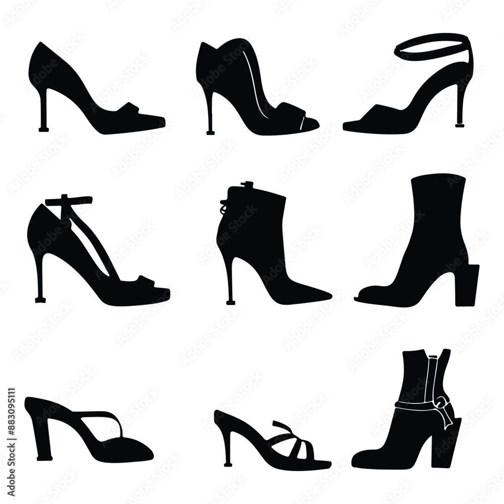 Female shoes sandals heels black silhouette, women shoes vector collection Female shoes sandals heels black silhouette, women shoes vector collection