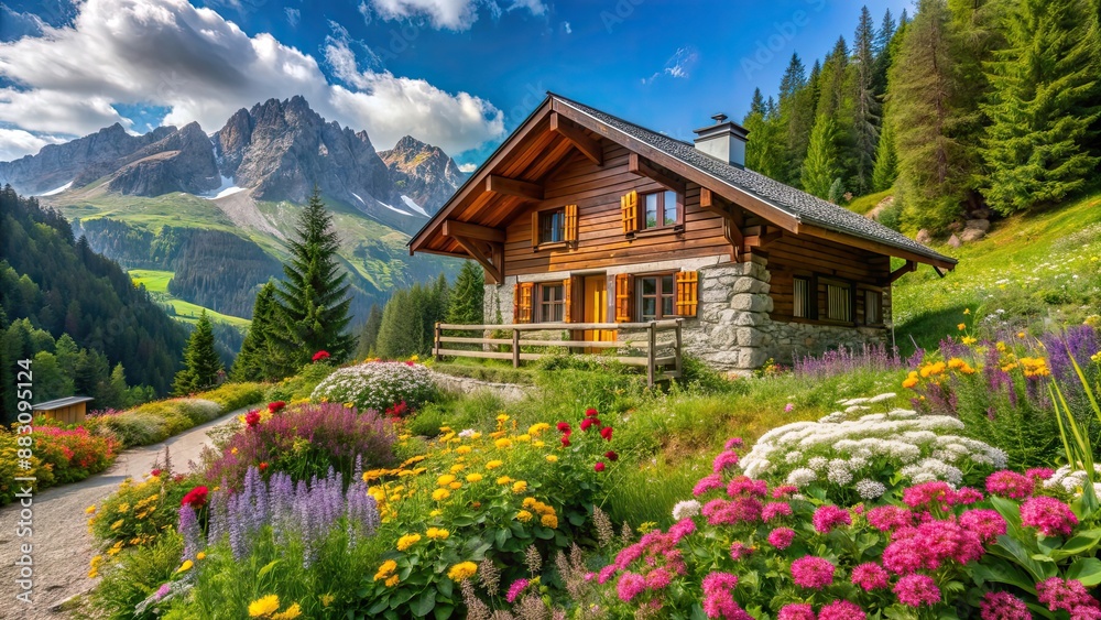 Alpine style house surrounded by flowers in the forest, situated in the mountains during summer, alpine, house, flowers, forest Alpine style house surrounded by flowers in the forest, situated in the mountains during summer, alpine, house, flowers, forest