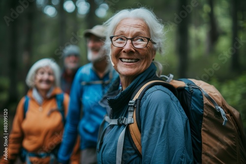 health and wellness of senior group in their 70s in leisurely hike together, park trails and nature, promoting benefits of regular physical activity for seniors, healthy lifestyle for elderly friends