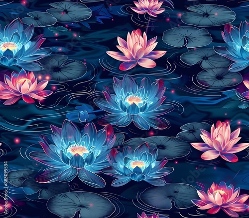 Bioluminescent Lotus Blossoms Drifting Across a Tranquil Pond in a Dreamlike Surreal Forest Landscape photo