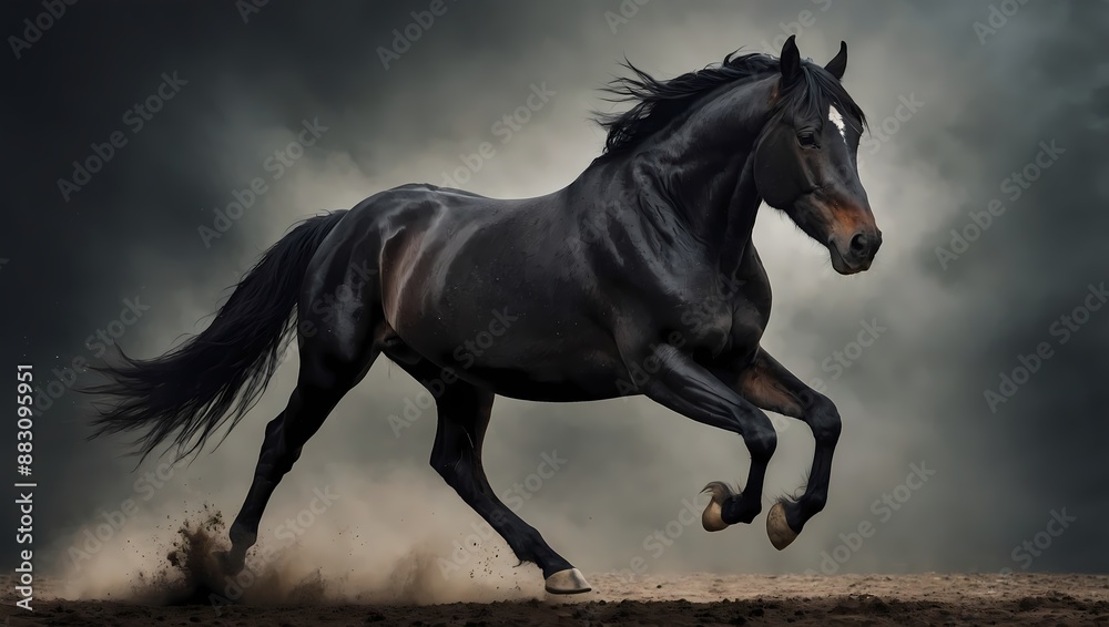 Beautiful black horse gallops on a dark background. AI generated.
Beautiful black horse gallops on a dark background. AI generated.