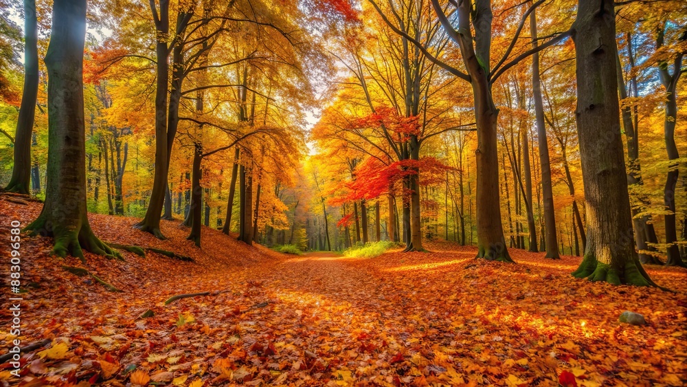 Autumn foliage covering the forest floor in a beautiful wooded area , fall, leaves, trees, nature, season, orange, brown