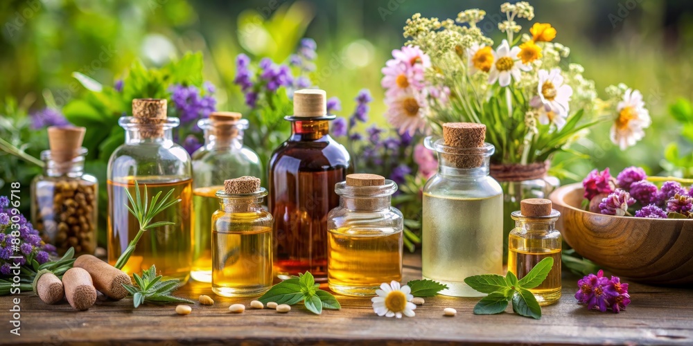 Essential oil blends with herbs and flowers, captured in glass bottles Essential oil blends with herbs and flowers, captured in glass bottles