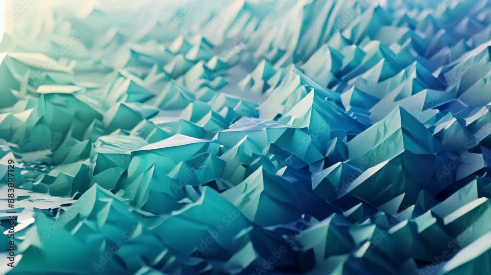 An abstract interpretation of a glaciers icy peaks and valleys with overlapping cubes in shades of turquoise and navy. An abstract interpretation of a glaciers icy peaks and valleys with overlapping cubes in shades of turquoise and navy.
