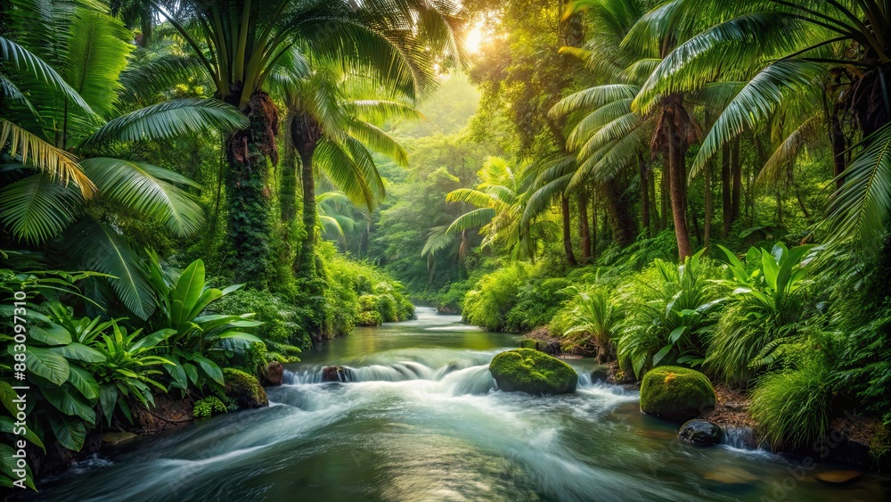 Atmospheric jungle photograph featuring a running stream amidst lush tropical plants, Nature, jungle, atmospheric Atmospheric jungle photograph featuring a running stream amidst lush tropical plants, Nature, jungle, atmospheric