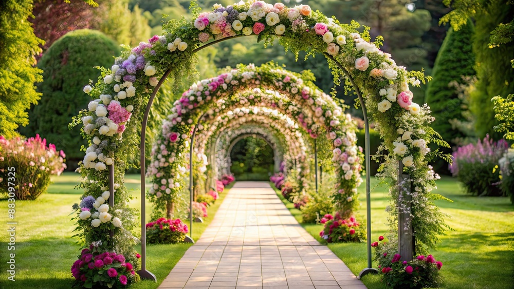 Beautiful garden pathway with two arches of flowers perfect for a wedding ceremony, wedding, flowers, garden, pathway
