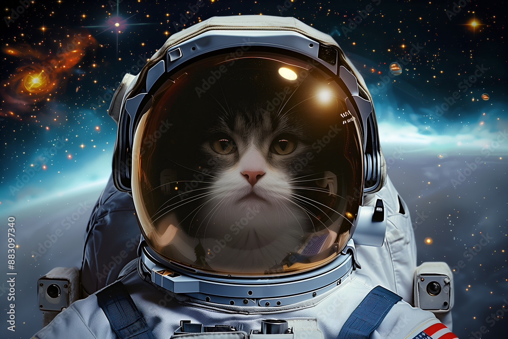  A cat wearing an astronaut helmet against a starry space backdrop
