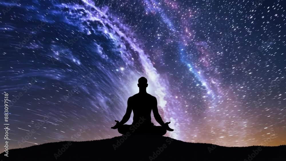 Man silhouette in an yoga meditation pose highlighting the Hindu Chakras against energy background. Man meditating on mountain peak with galaxy universe. 4k video Man silhouette in an yoga meditation pose highlighting the Hindu Chakras against energy background. Man meditating on mountain peak with galaxy universe. 4k video