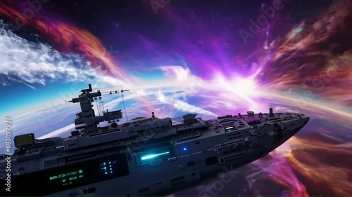 Wallpaper Mural Spacecraft traversing cosmic nebula with vibrant starburst Torontodigital.ca