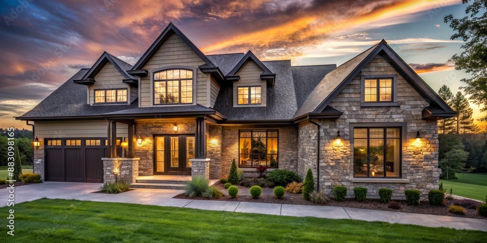 Dusk-illuminated modern farmhouse with striking stone and brick exterior, architectural windows, and manicured landscaping Dusk-illuminated modern farmhouse with striking stone and brick exterior, architectural windows, and manicured landscaping