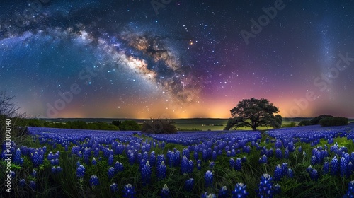A stunning night sky filled with stars and the Milky Way stretches over a field of vivid blue flowers and a majestic tree, creating a mesmerizing scene.