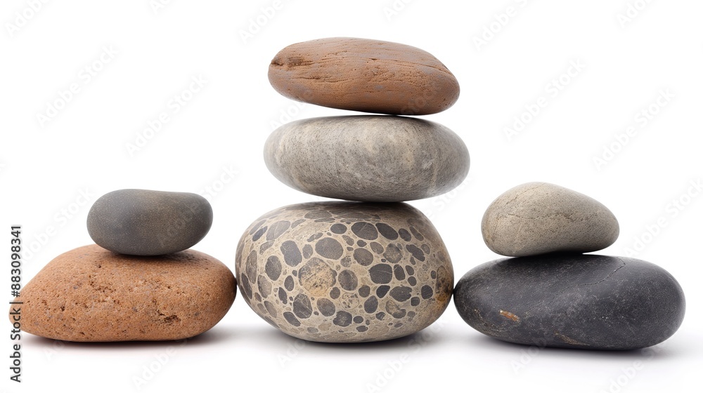 close up side view on stack of zen pebble stones on white background close up side view on stack of zen pebble stones on white background