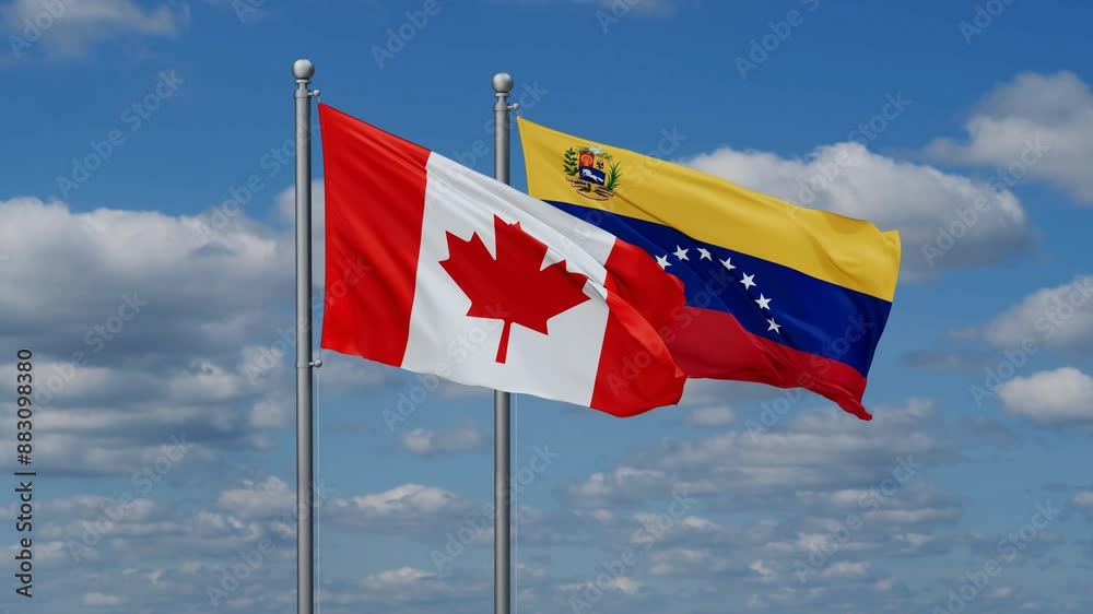 Venezuela and Canada flags flying together, video concept of the relationship Venezuela and Canada flags flying together, video concept of the relationship