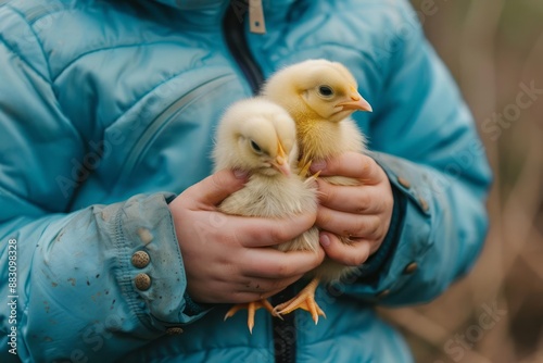 Person in blue jacket gently holding two yellow chicks outdoors