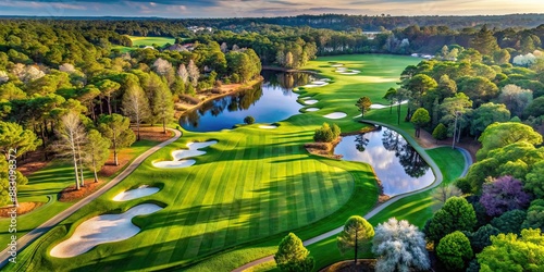 Aerial view of the scenic Agusta National Golf Course , golf course, green, lush, landscape, beautiful, aerial, view
