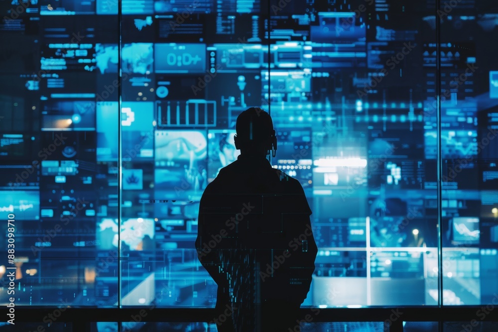 silhouette of man and blue neon data screen, cybersecurity tools and protocols, minimalist digital environments or security operation centers, showcasing the importance of safeguarding digital assets silhouette of man and blue neon data screen, cybersecurity tools and protocols, minimalist digital environments or security operation centers, showcasing the importance of safeguarding digital assets