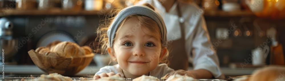 Close-up of a child placing bread dough on a baking tray with a chef, focus on, futuristic, multilayer, family kitchen backdrop Close-up of a child placing bread dough on a baking tray with a chef, focus on, futuristic, multilayer, family kitchen backdrop
