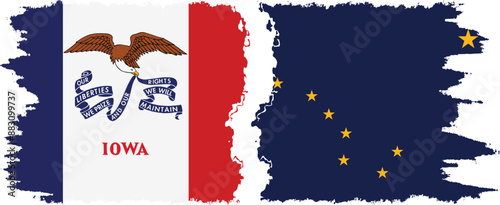 Alaska and Iowa states grunge brush flags connection, vector