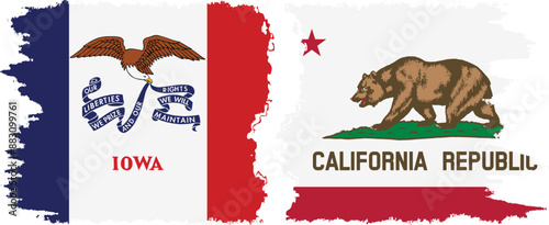 California and Iowa states grunge brush flags connection, vector