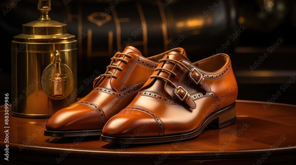 A pair of handcrafted leather shoes showcased on a polished wooden display stand, their supple leather and meticulous stitching embodying quality craftsmanship and timeless style A pair of handcrafted leather shoes showcased on a polished wooden display stand, their supple leather and meticulous stitching embodying quality craftsmanship and timeless style