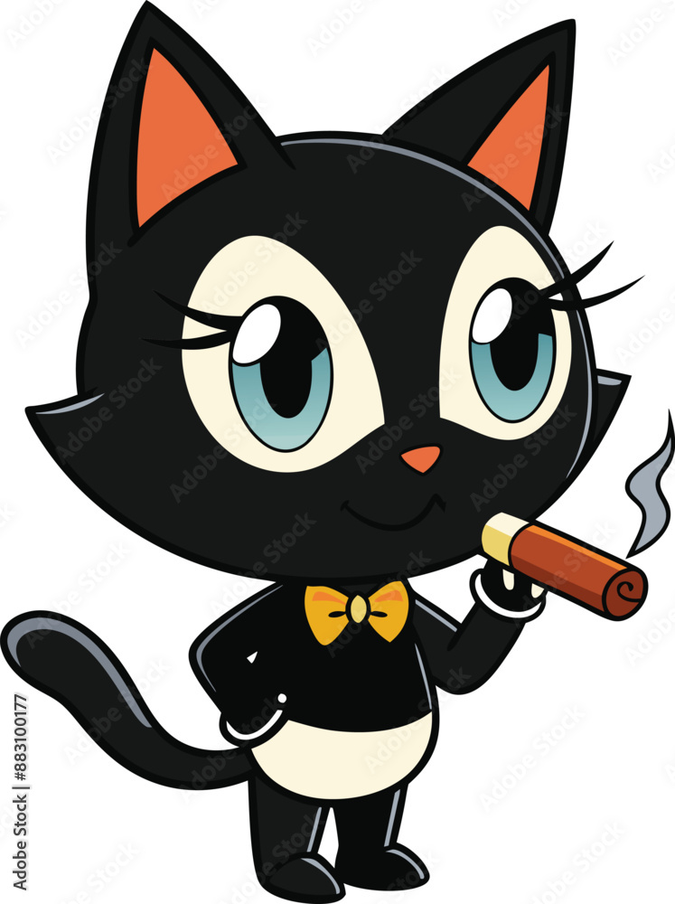 A illustration of a black cat smoking