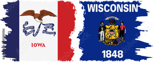 Wisconsin and Iowa states grunge brush flags connection, vector