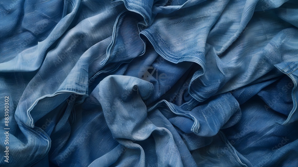 Pile of blue colored folded and crumple denim pants placed in light studio. 