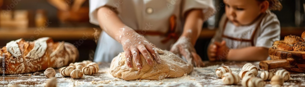 Close-up of a child's hands mixing bread dough with a chef, focus on, whimsical, composite, rustic kitchen backdrop Close-up of a child's hands mixing bread dough with a chef, focus on, whimsical, composite, rustic kitchen backdrop