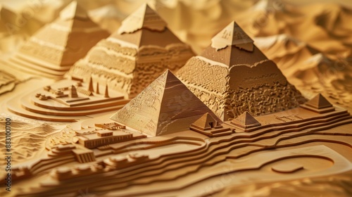 Wallpaper Mural Wooden relief sculpture depicting the Giza pyramid complex, featuring the Great Pyramid of Khufu, the Pyramid of Khafre, and the Pyramid of Menkaure Torontodigital.ca