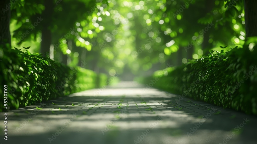 Fototapeta premium A scenic path in a green park with sunlight filtering through the tree canopy, creating a tranquil and serene atmosphere.
