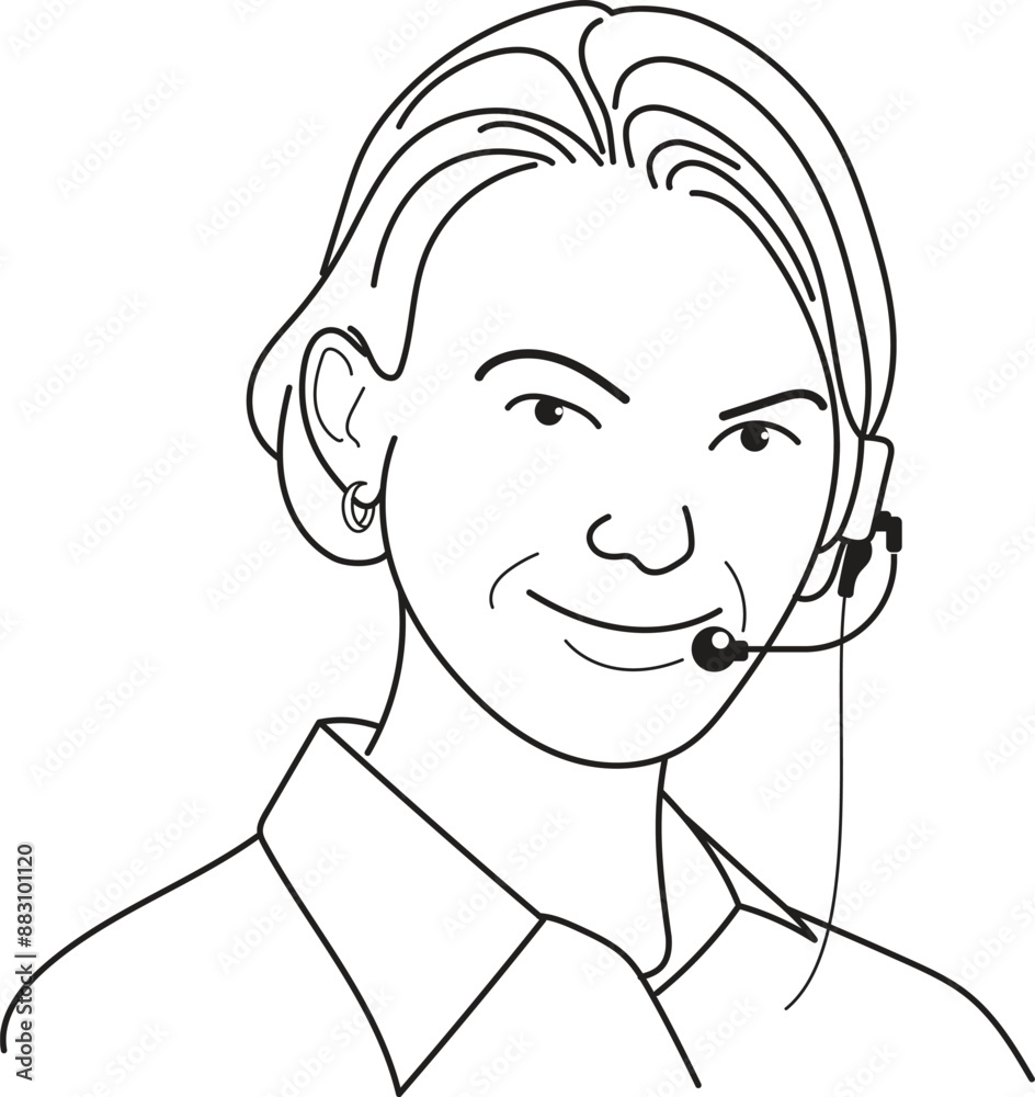 Call center Girl, Customer service. Woman with headphones and microphone, Hand drawn in thin line style Call center Girl, Customer service. Woman with headphones and microphone, Hand drawn in thin line style