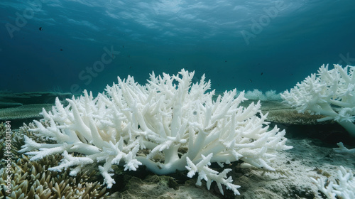 Bleached coral reef underwater scene showcasing climate change impact on marine ecosystems