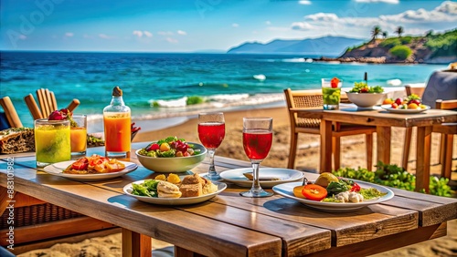 Beach bar table set with Mediterranean food and cocktails on a seaside in summer, summer, beach, bar, table, food