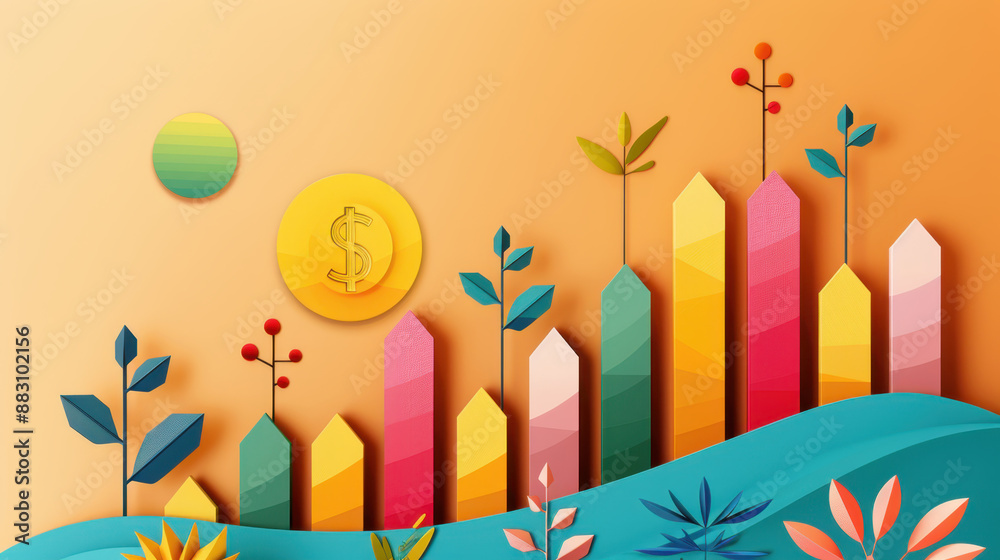 Obraz premium Colorful financial growth illustration with dollar sign and abstract plants in paper cut style on orange background